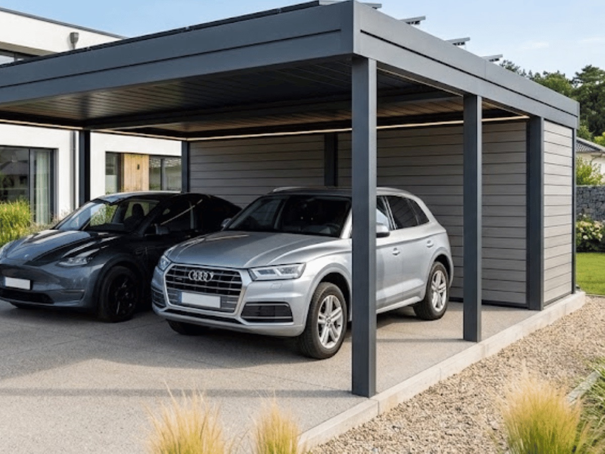 Anthrazitfarbener Carport mit zwei Stellplätzen vor einem modernen Wohnhaus