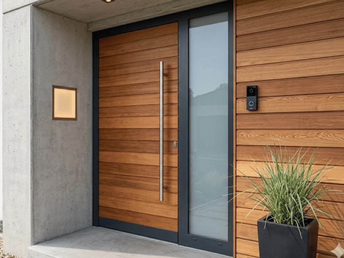 Moderne Haustür in Holz- und Anthrazit-Optik mit Seitenteil