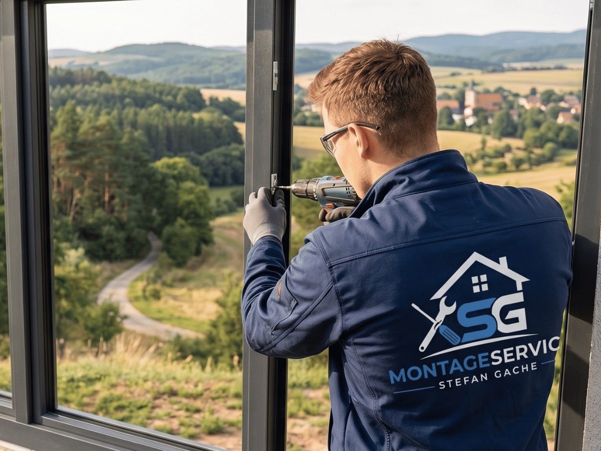 Stefan Gache montiert in Markenkleidung ein Fenster mit Blick ins Weimarer Land